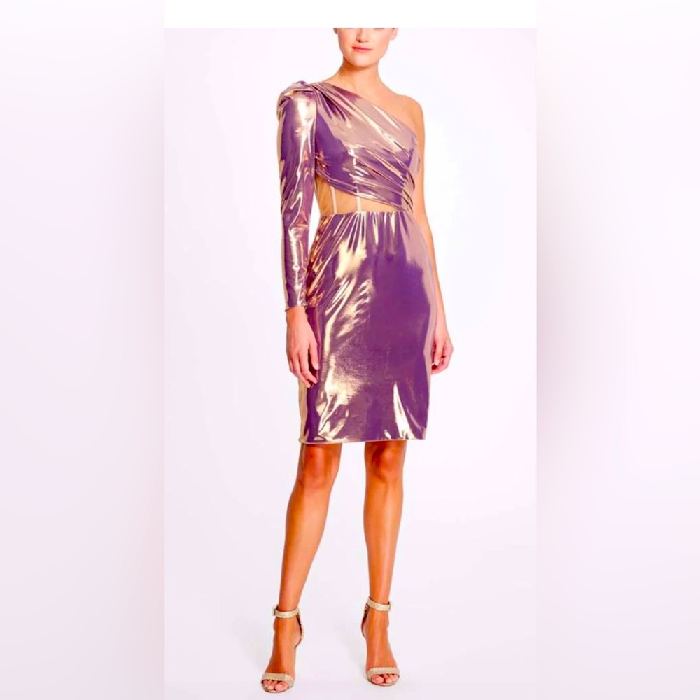 NWT! Marchesa Notte One Shoulder Lamé Cocktail Dress in Gold-Size 0